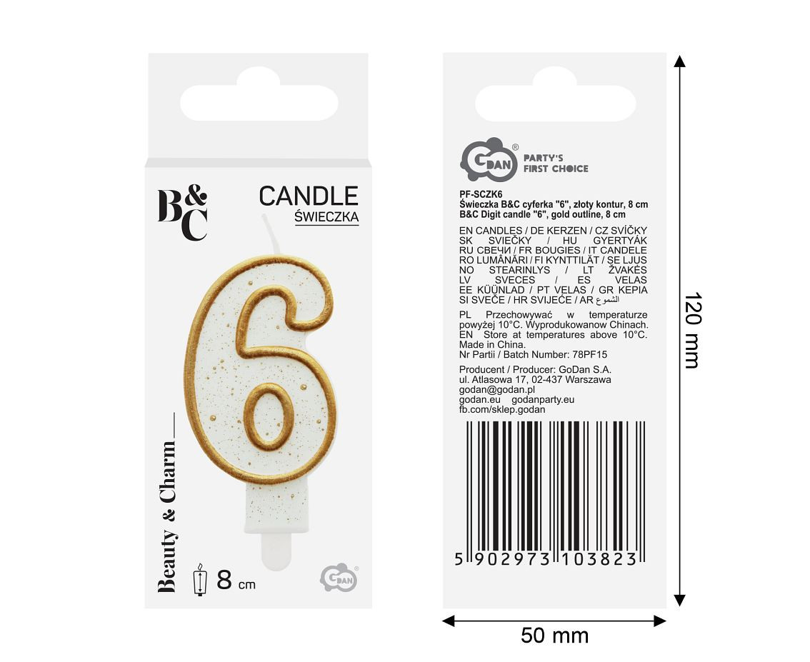 Digit candle "6", gold outline, 8 cm